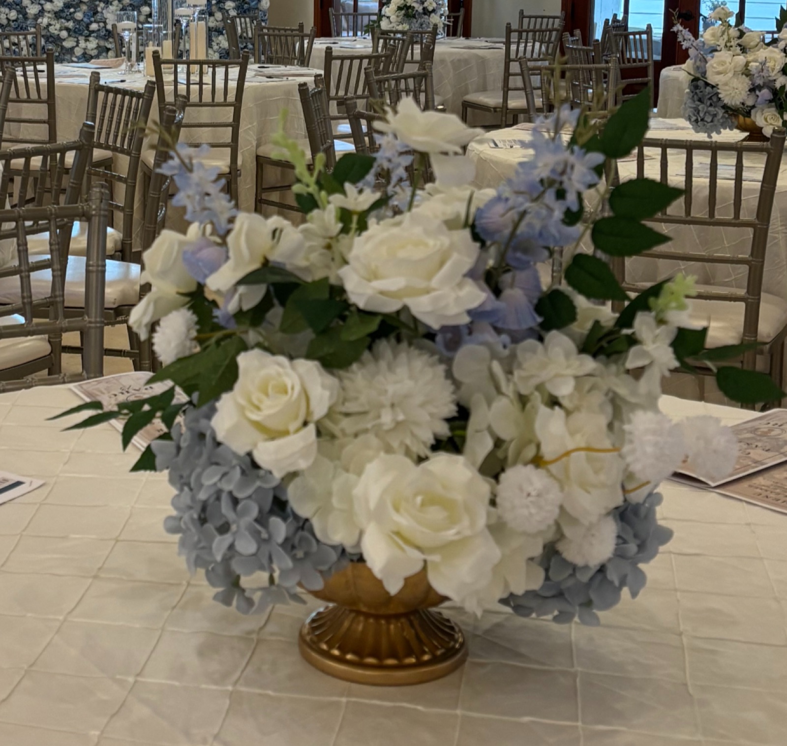 Grace white and blue floral centerpiece rental