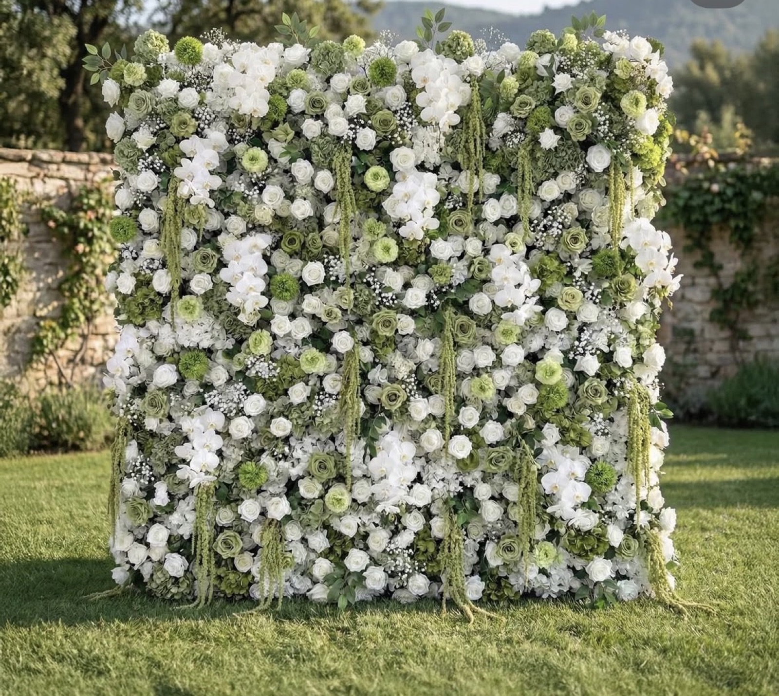 Pria white and green floral backdrop rental