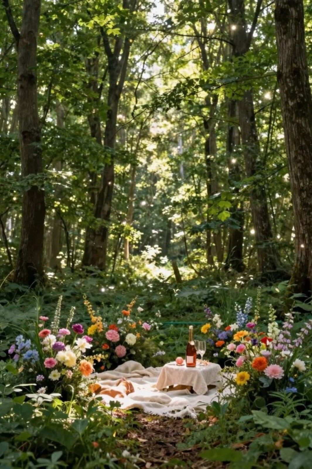 Romantic woodland picnic proposal with colorful flowers